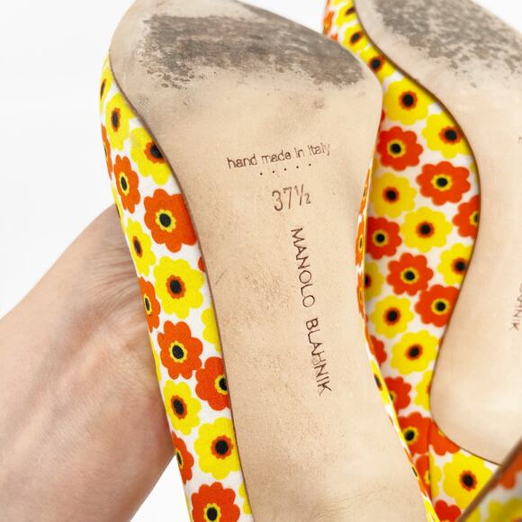Manolo Blahnik Yellow Orange Floral Cotton BB Pointed Toe Stiletto Heels IT 37.5 - Picture 12 of 13